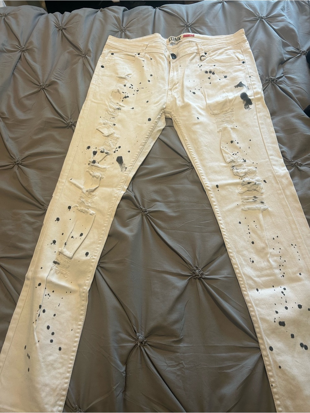 Men's White Skinny Jeans with Black Paint-Splatter Detailing
